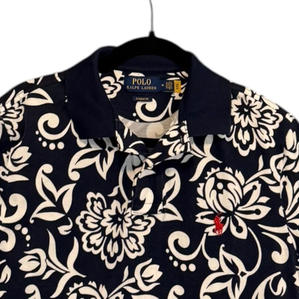 Polo Ralph Lauren French Floral Mesh Polo Shirt Navy Cream Red Pony Mens Sz M